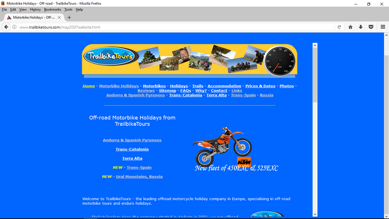 Website from May 2007, 5 years after starting TrailbikeTours